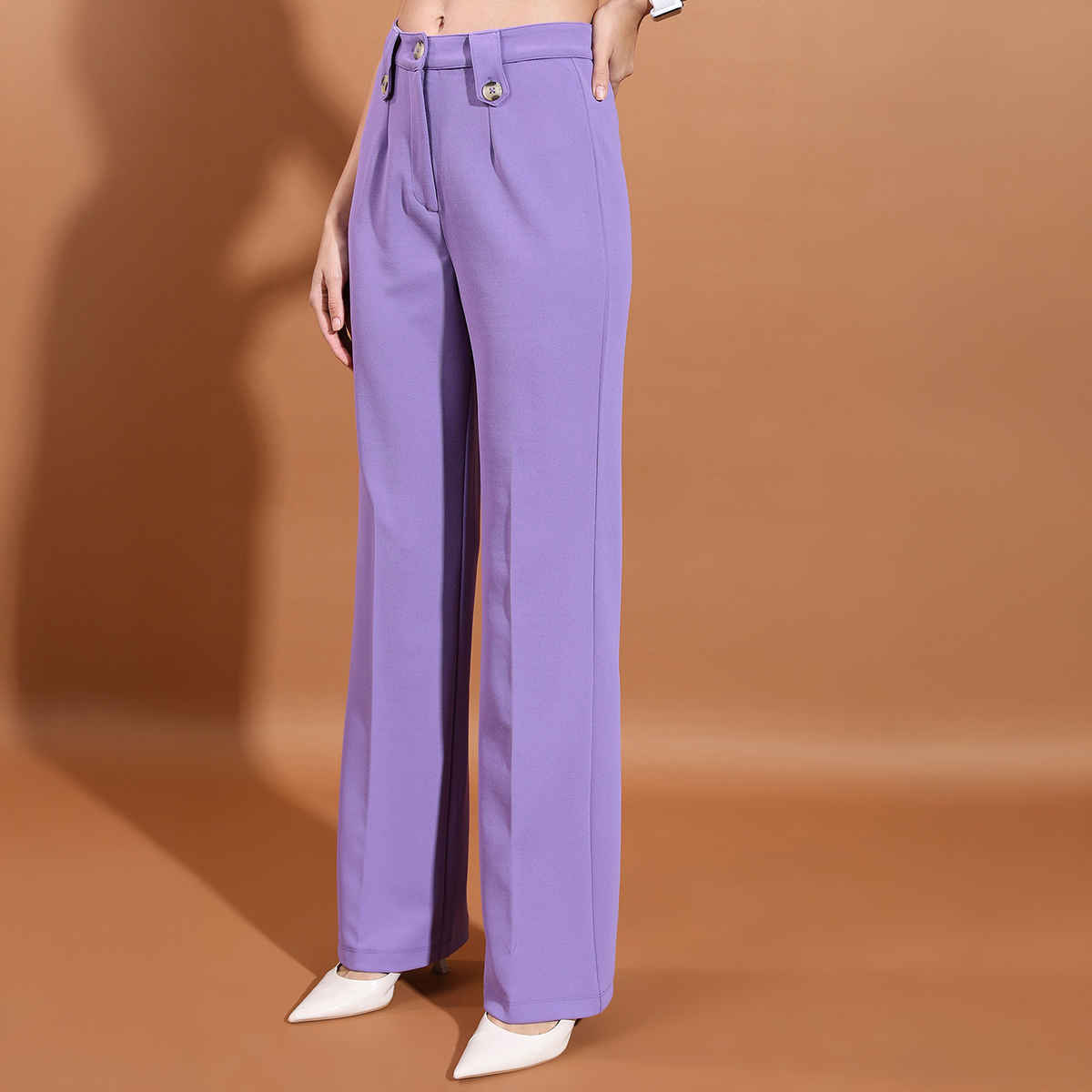 Ketch Women's Mid-Rise Flat Front Straight Fit Trousers | Purple - 28