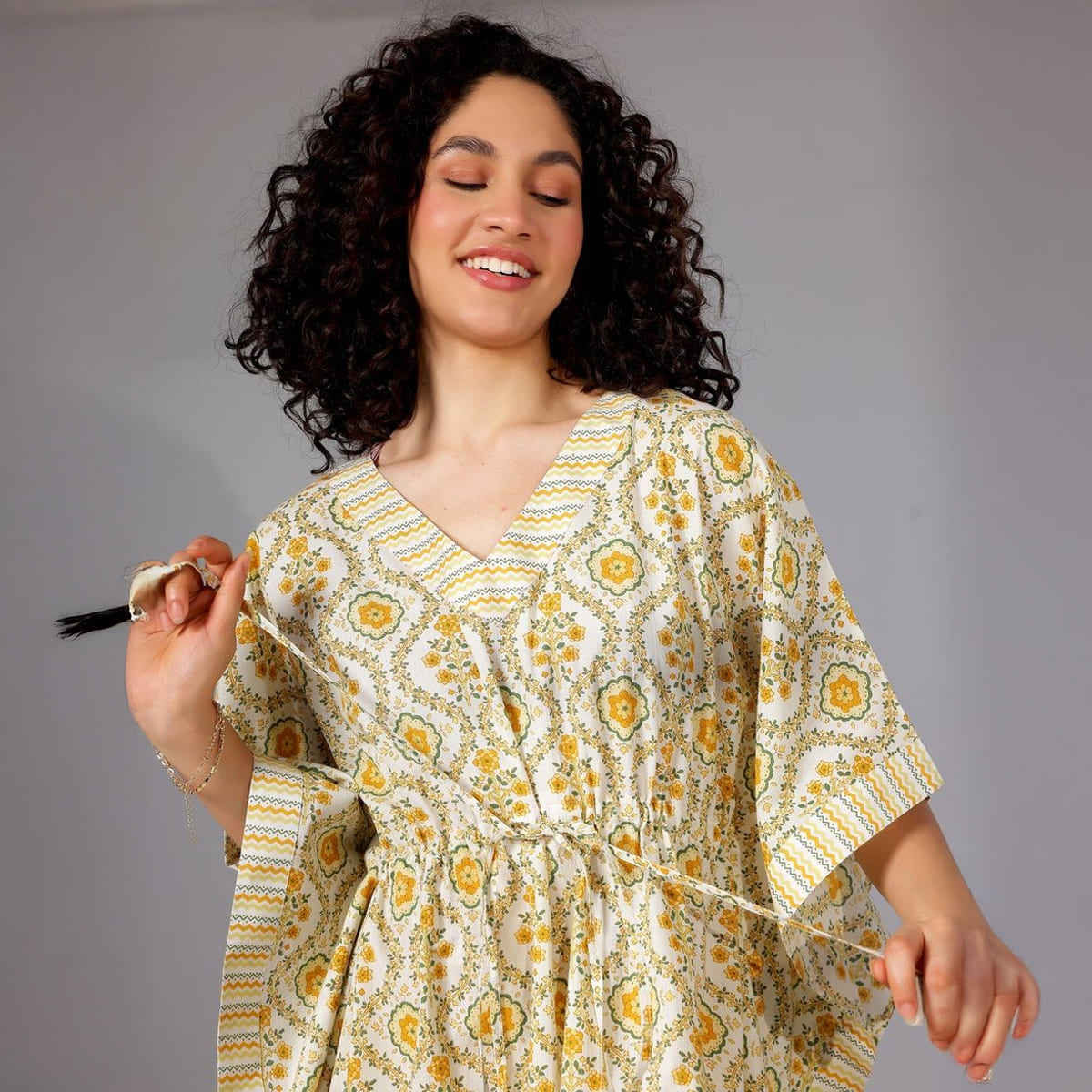 Libas Women's Floral Printed Kaftan With Drawstring and Kimono Sleeves | Yellow White | Onesize