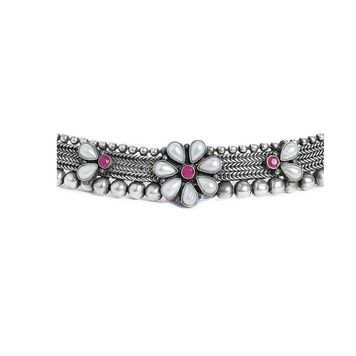 Rubans Oxidised Silver Plated Floral Design Pink Stone Studded Antique Choker Necklace