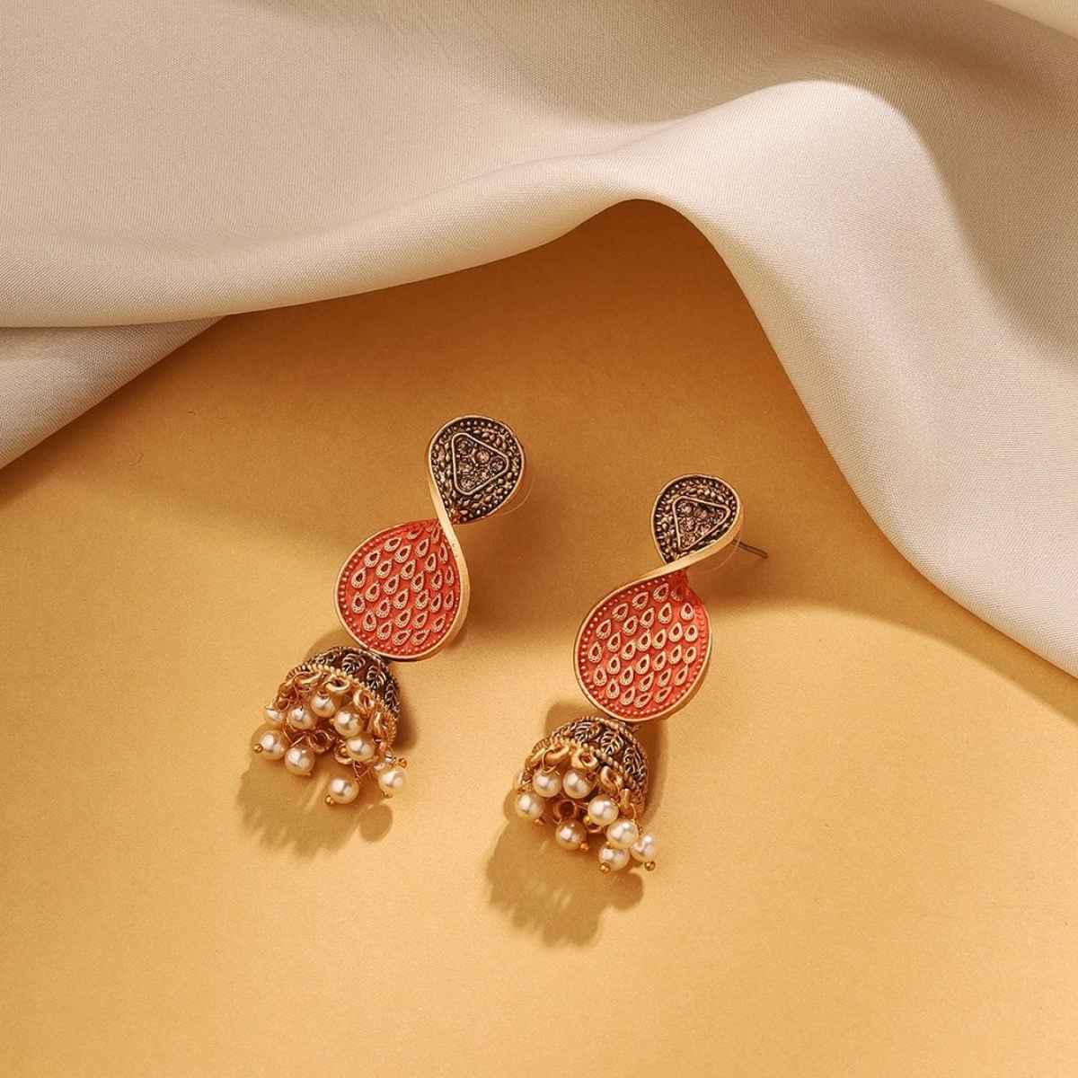 Priyaasi Priyaasi Dangling Orange Elegance Jhumka Earrings