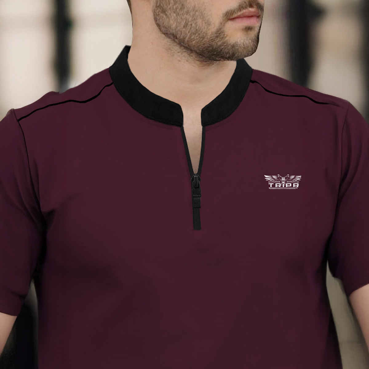 TRIPR Men Cotton Blend Mandarin Collar T-shirt | Maroon and Black - XL
