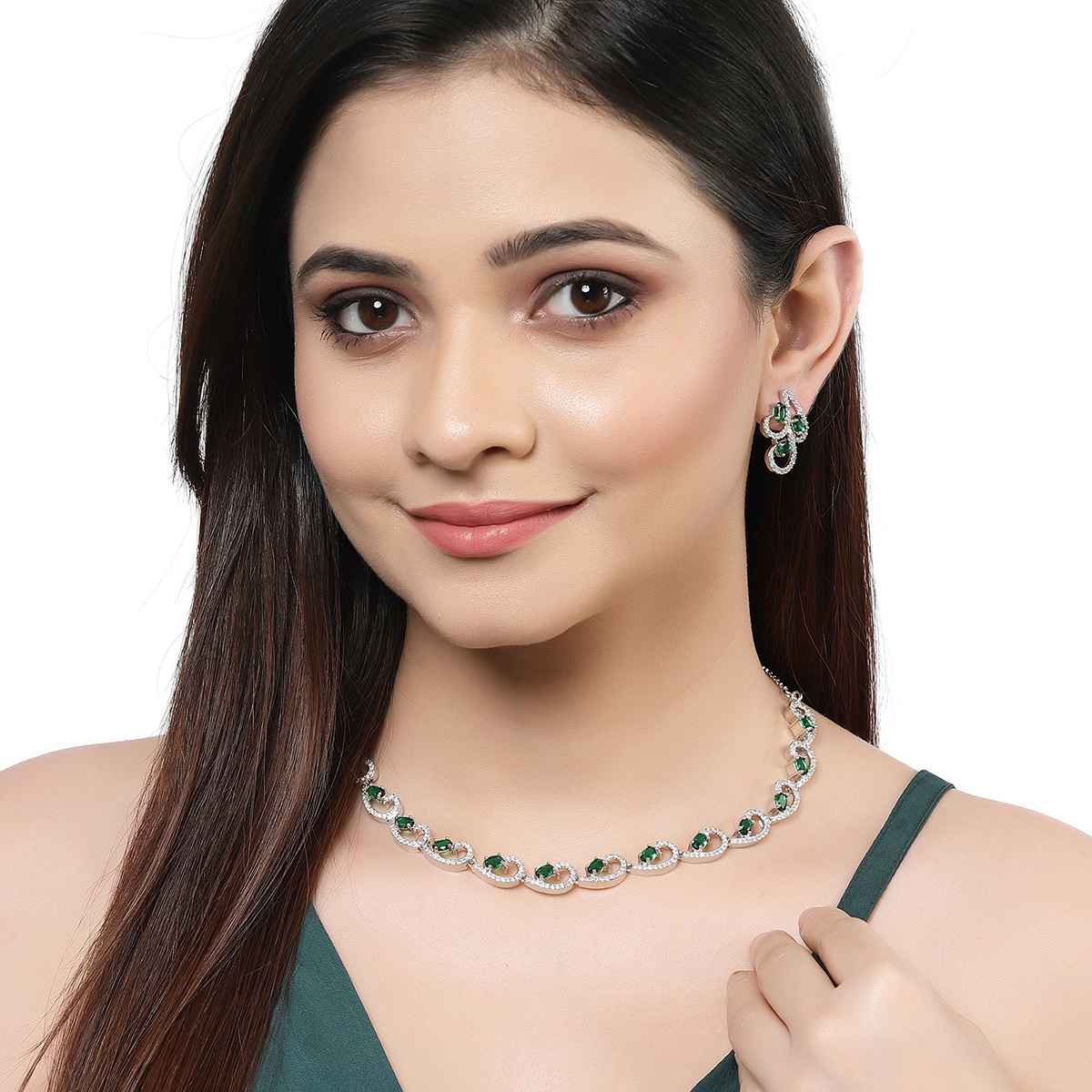 Zeneme Rhodium-Plated Silver-Toned Green American Diamond Necklace Set & Earrings For Women & Girls