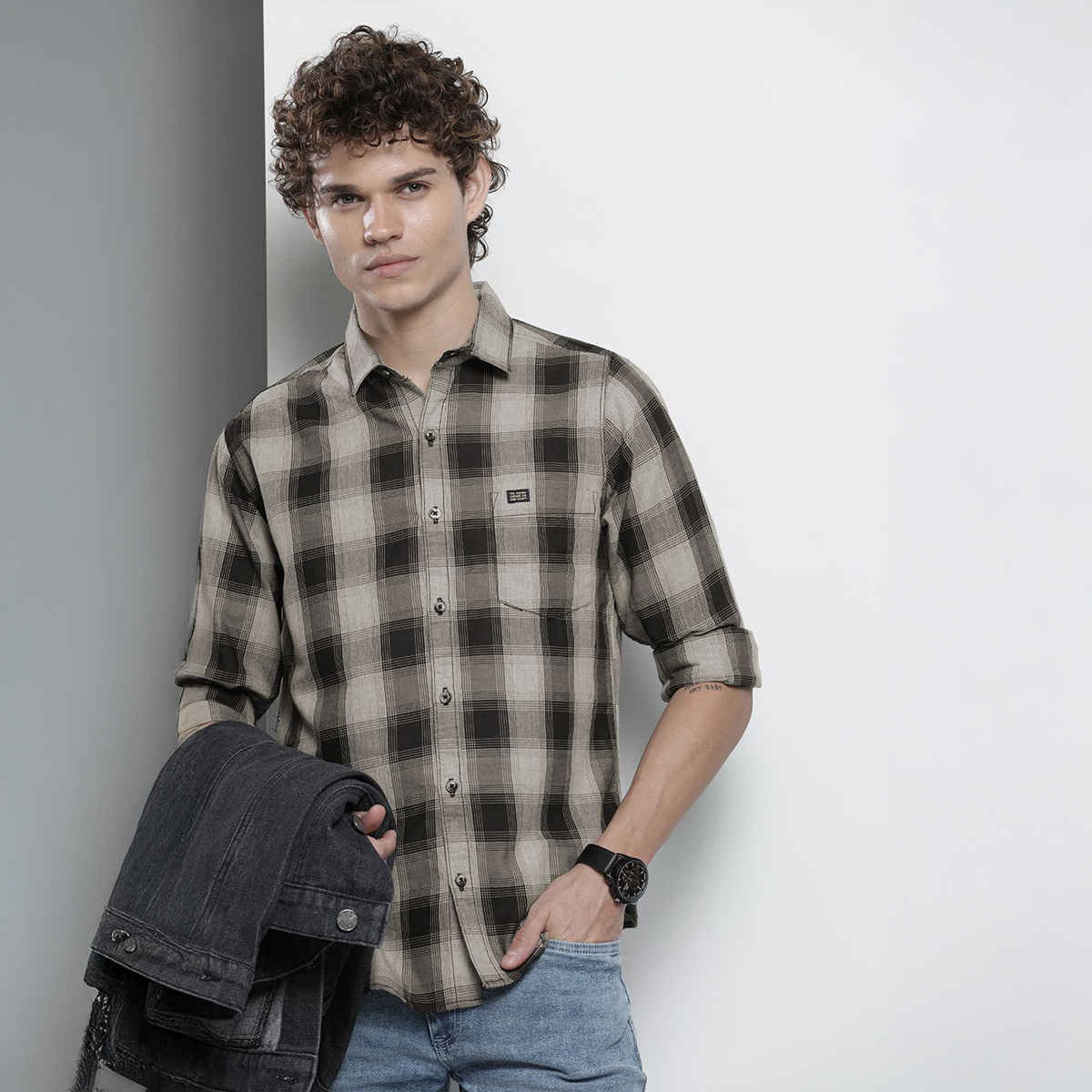 The Indian Garage Co Men's Slim Fit Checkered Casual Shirt | Grey - L