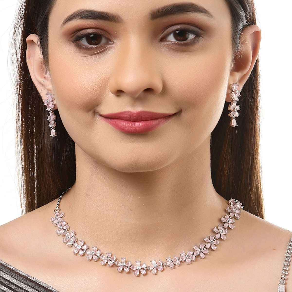 Zeneme Rhodium Plated AD Flower Shaped Jewellery Set For Women & Girls