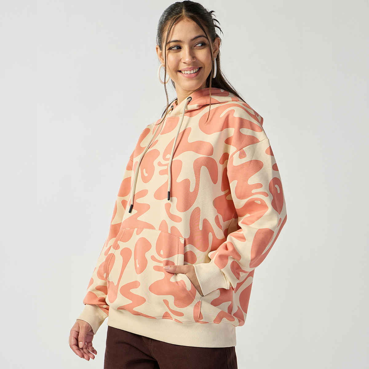 Bewakoof Women's | Beige - & Over Printed Oversized Hoodies | Orange - M