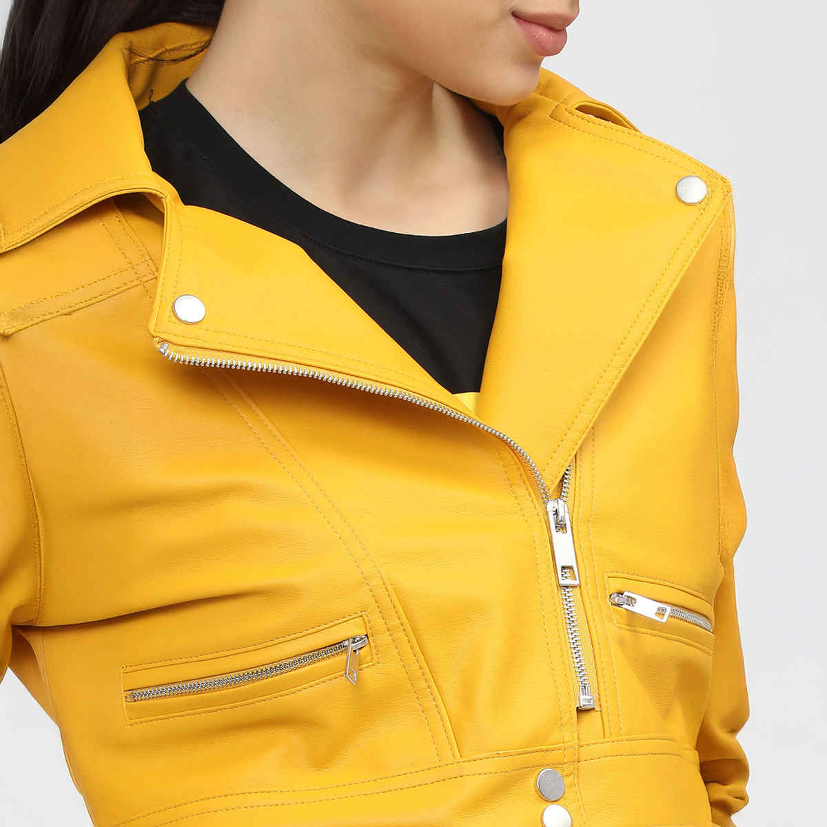 Tokyo Talkies Women's Crop Biker Jacket | Mustard - L