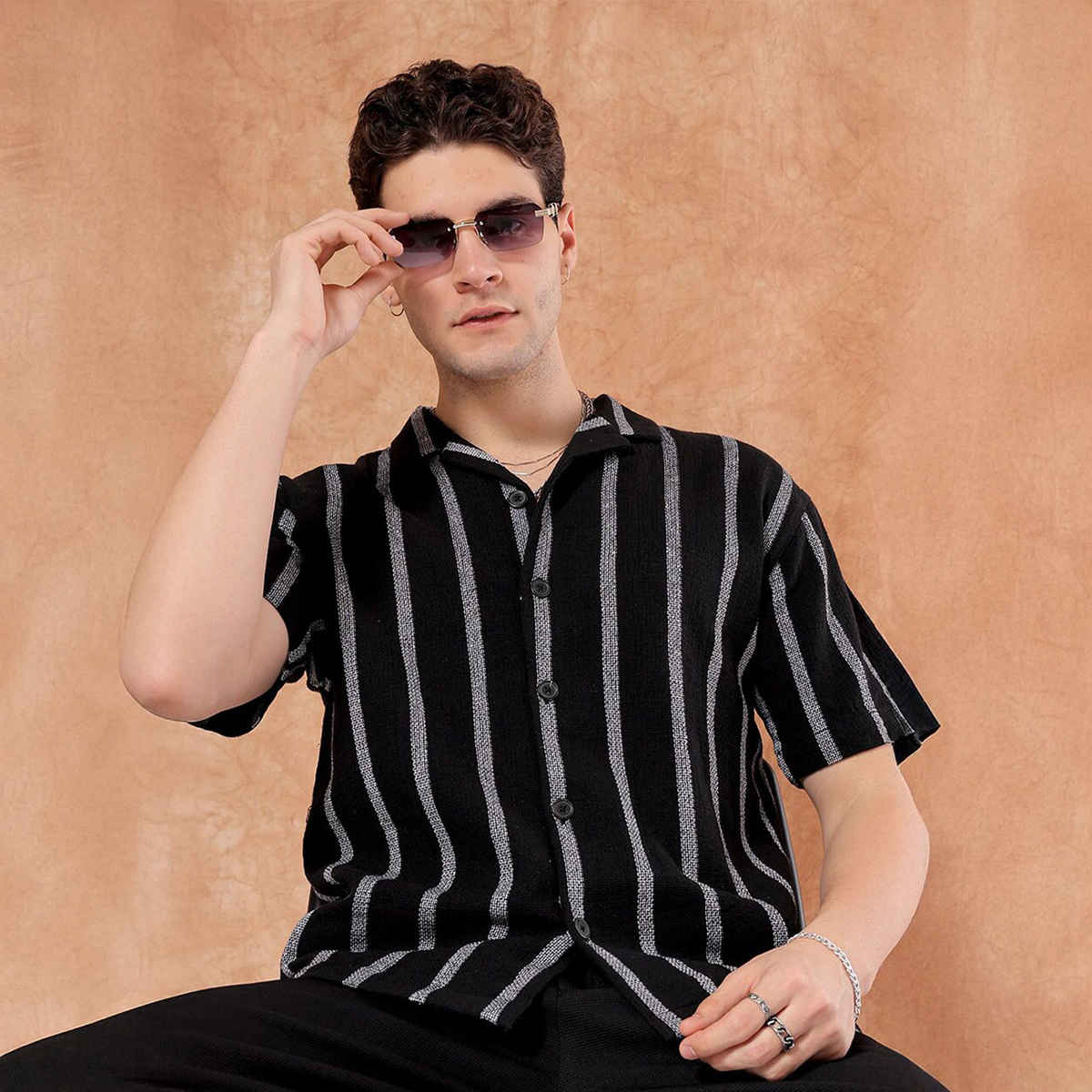 The Indian Garage Co Men's Relaxed Fit Striped Resort Half Sleeve Shirt | Black - L