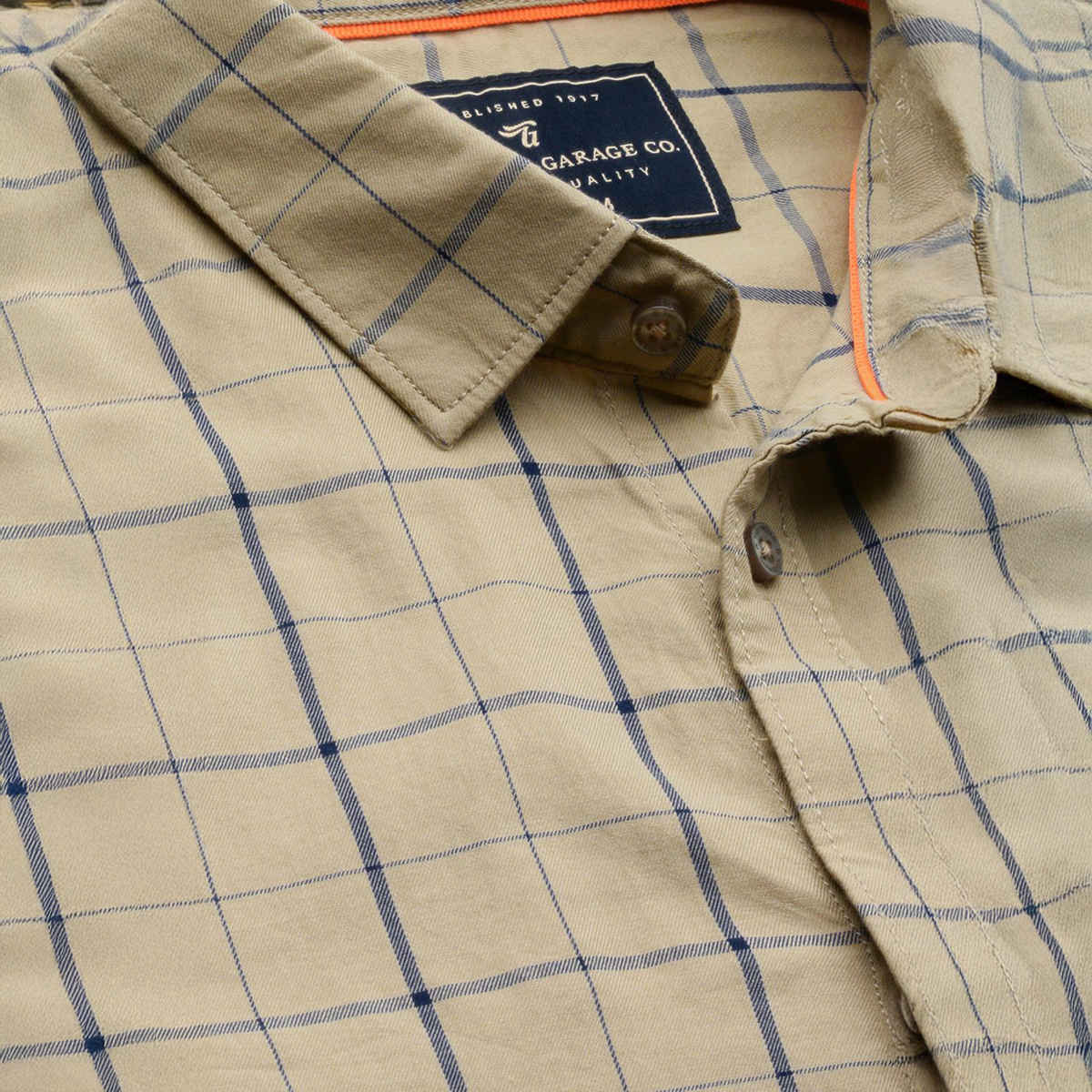 The Indian Garage Co Men's Slim Fit Checkered Casual Shirt | Khaki - S