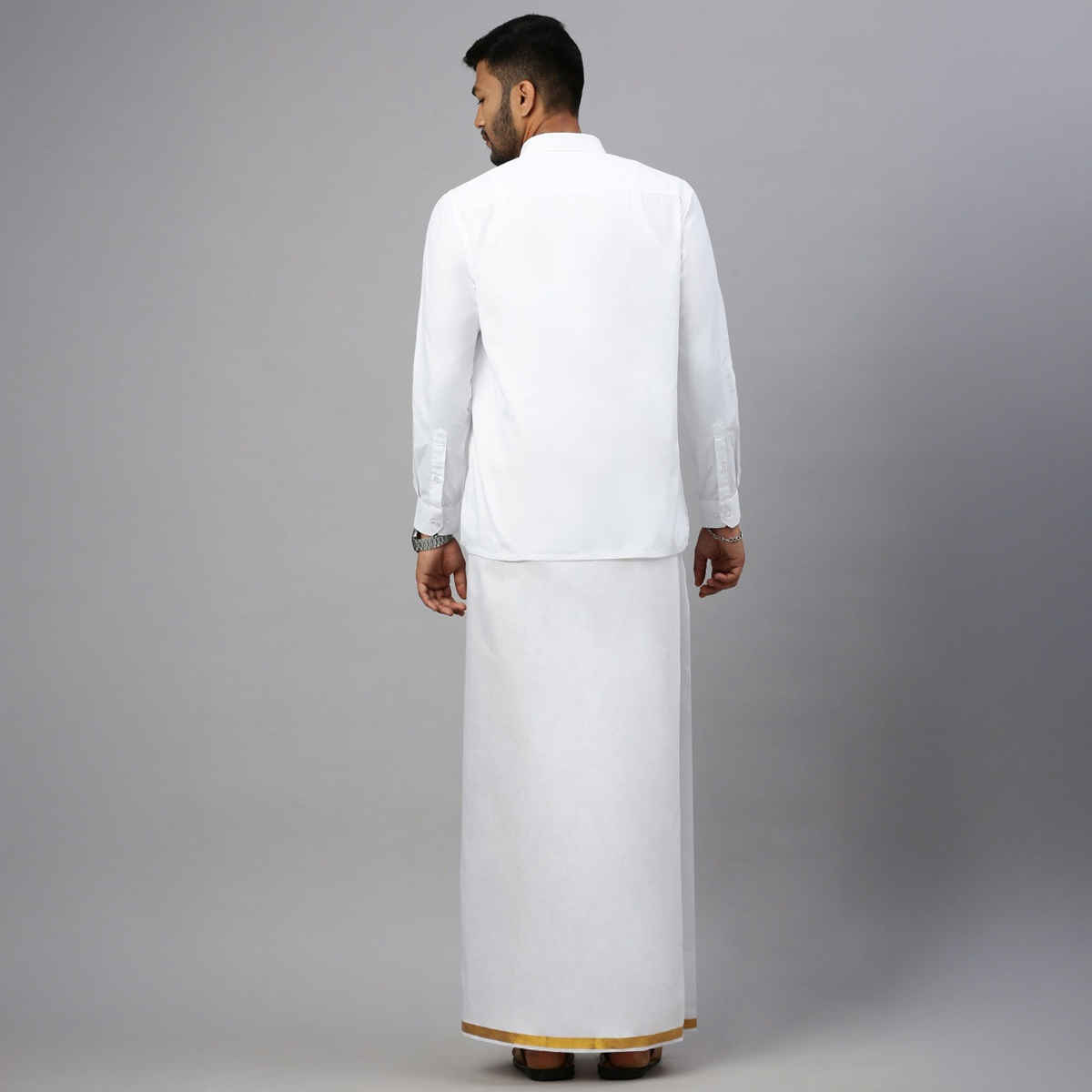 Ramraj Cotton Men's White Dhoti / Mundu / Veshti with Golden Zari Border | Free Size
