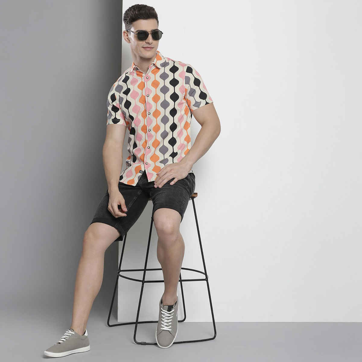 The Indian Garage Co Men's Regular Fit Abstract Print Casual Half Sleeve Shirt | Cream - XL
