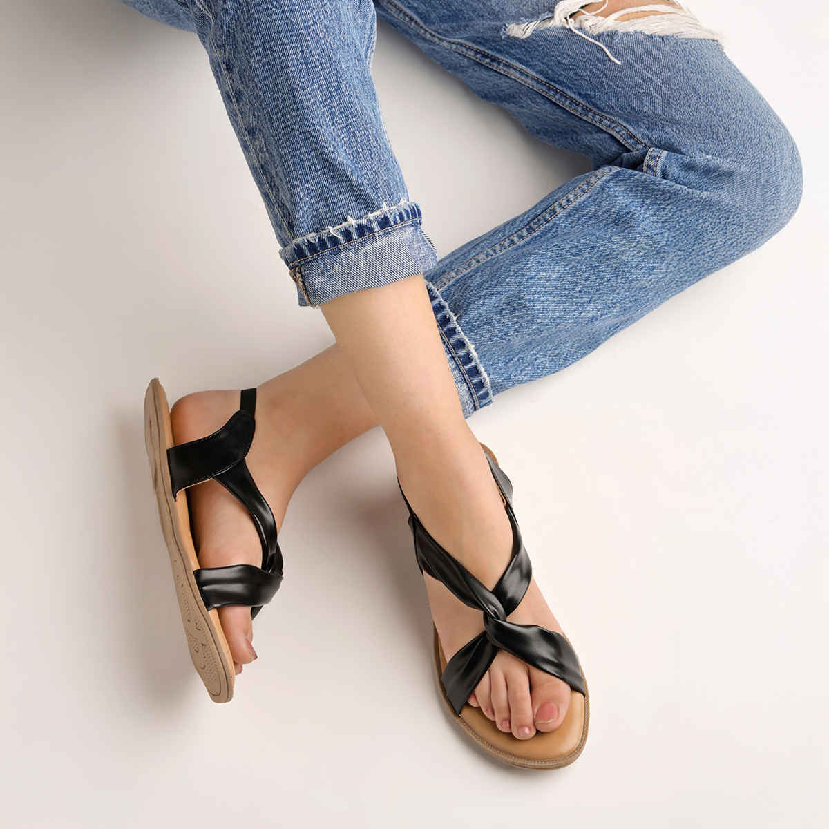 Shoetopia Cross Strap Black Flat Sandals For Women | UK 5