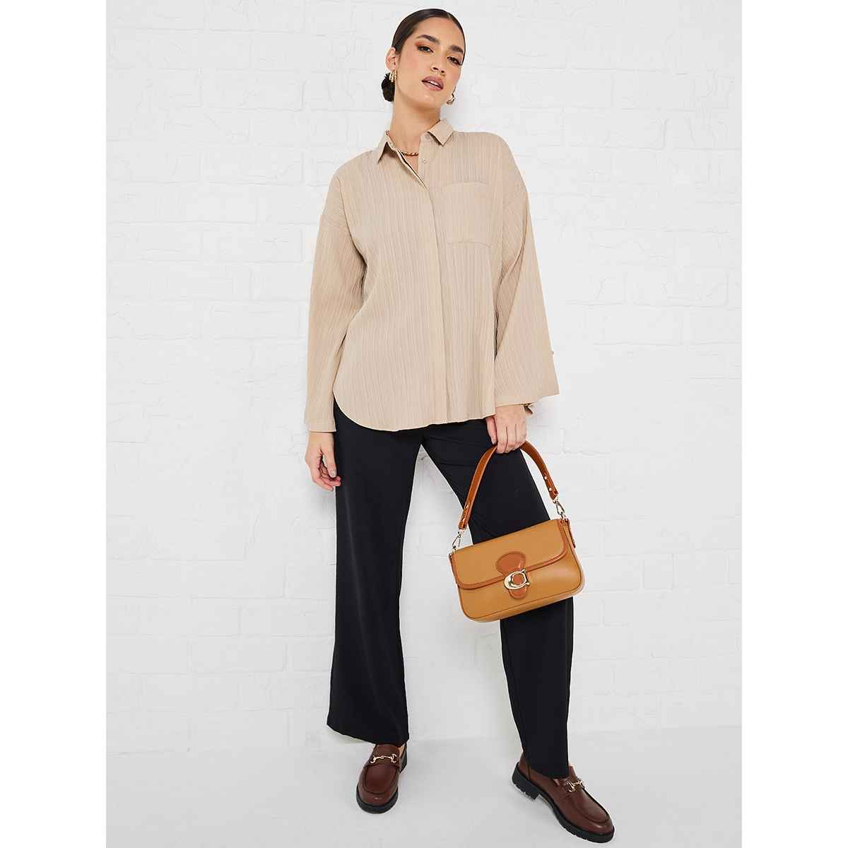 Styli Women's Longline Shirt with Oversized Drop Shoulder and Crepe Fabric | Beige - XS