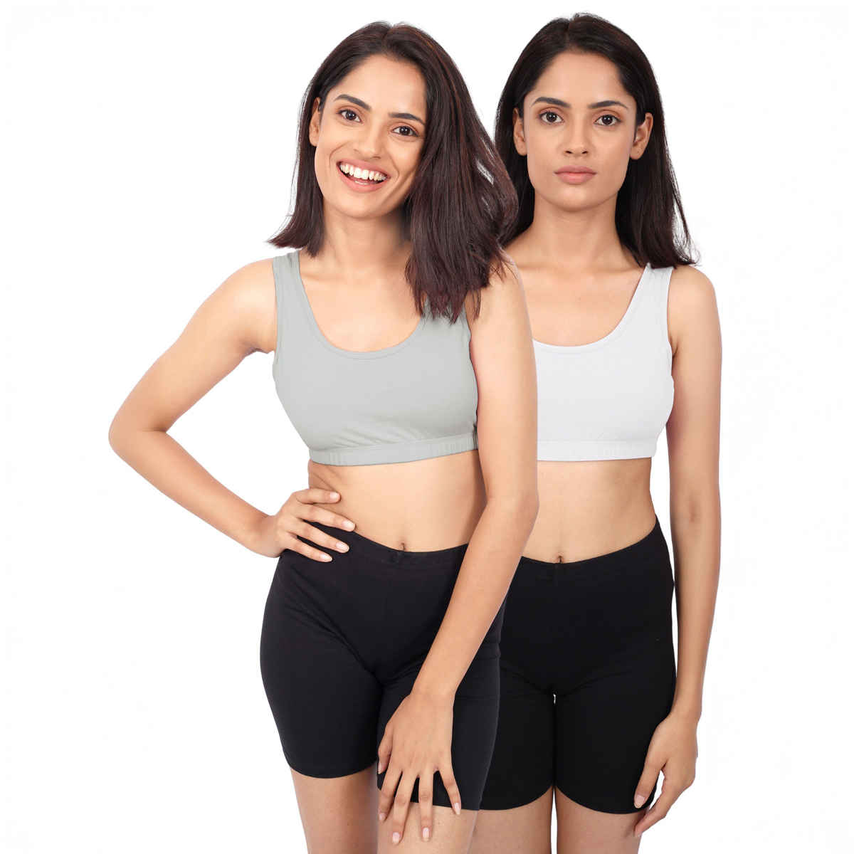 D'Chica Double-Layer Broad Strap Cotton Sports Bra | Non Padded | White & Grey | M