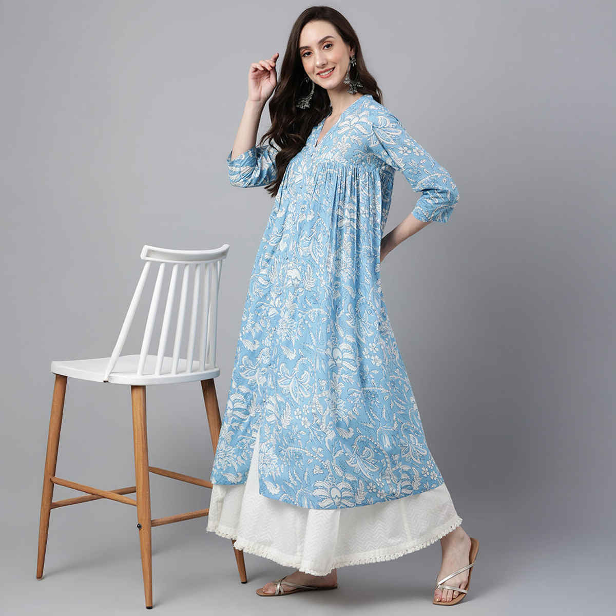 Janasya Women's Sky Blue Pure Cotton Floral Printed Flared Kurta | M