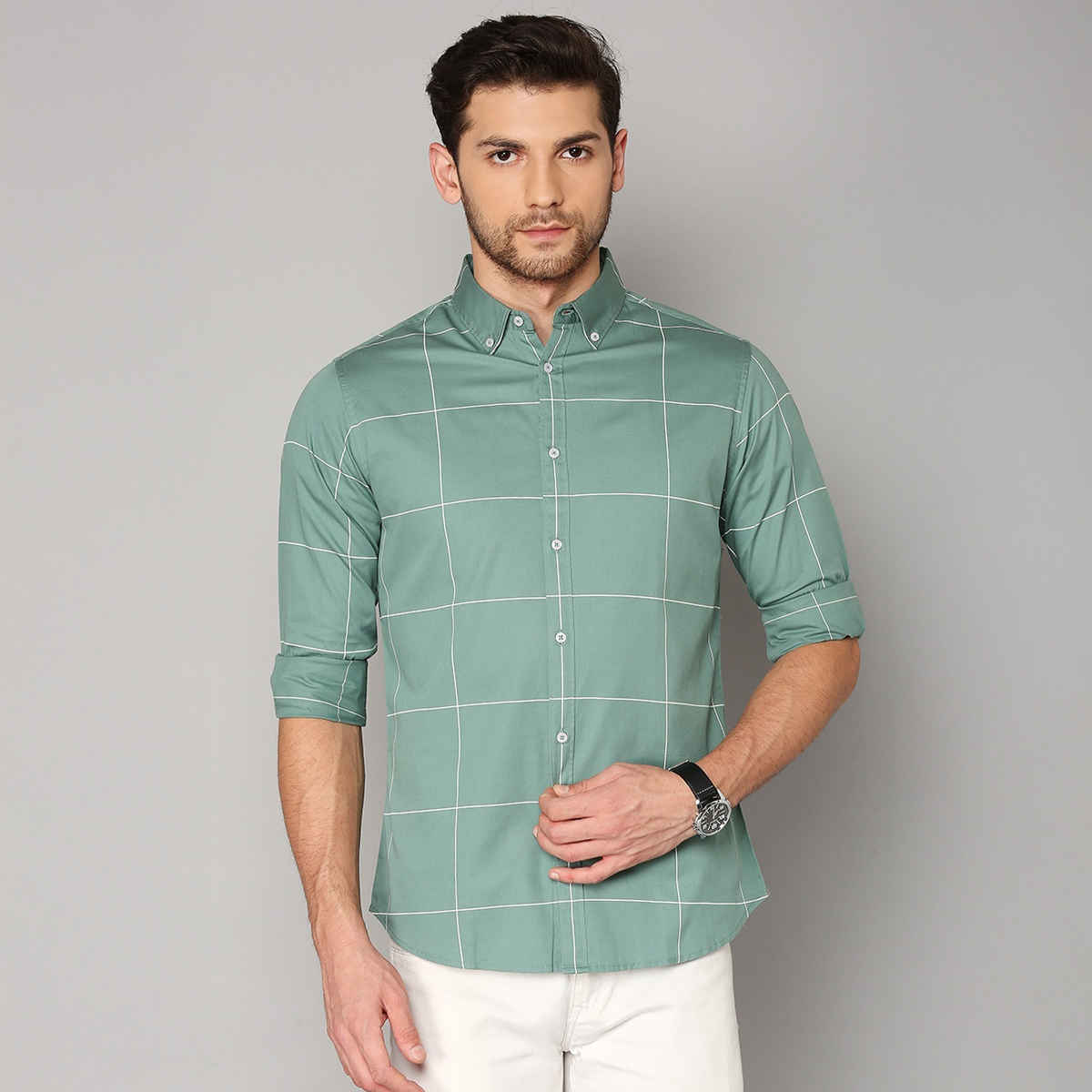Dennis Lingo Men's Pure Cotton Windowpane Checked Slim Fit Casual Shirt | Green | L