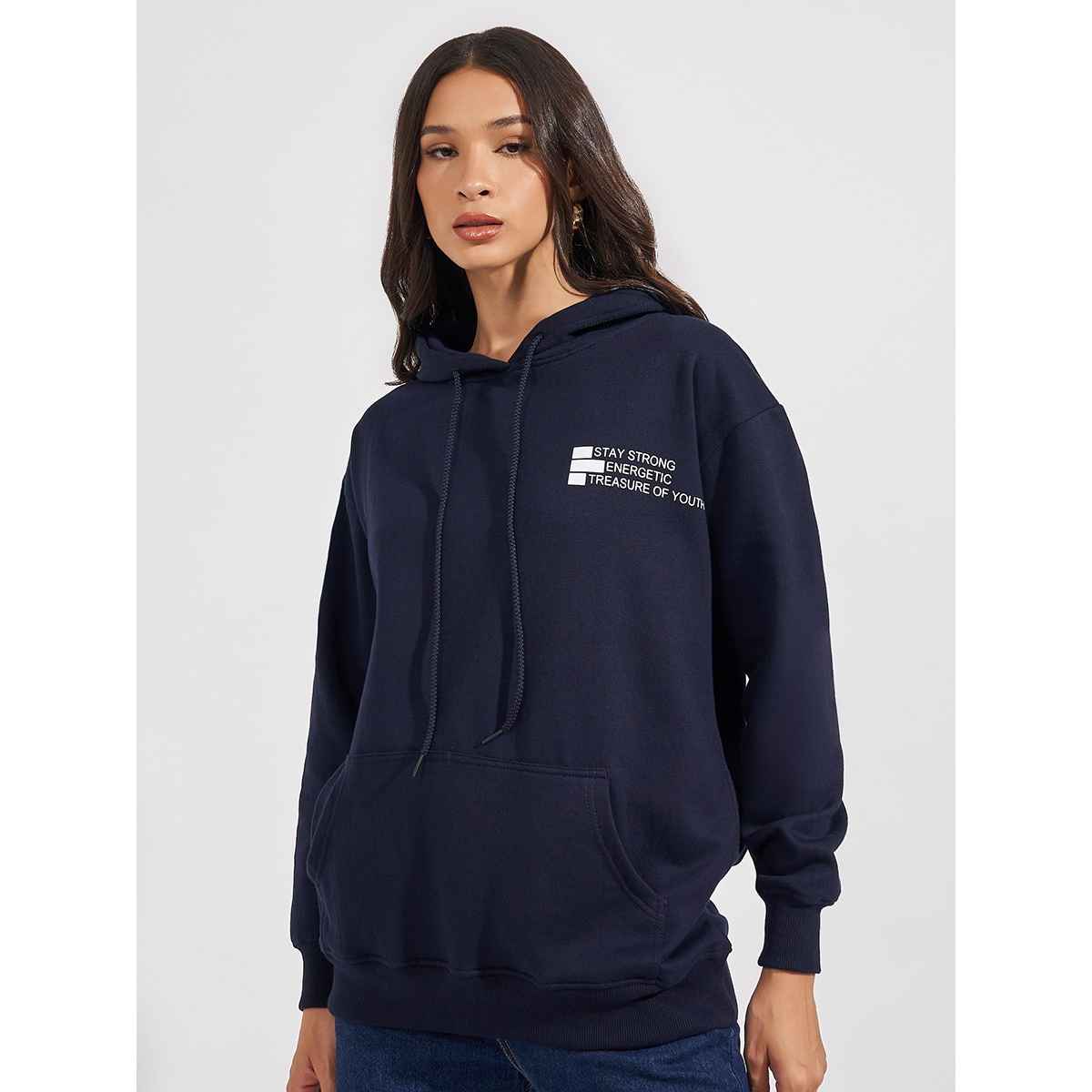 Styli Women Regular Fit Longline Slogan Print Hoodie Navy Blue | S