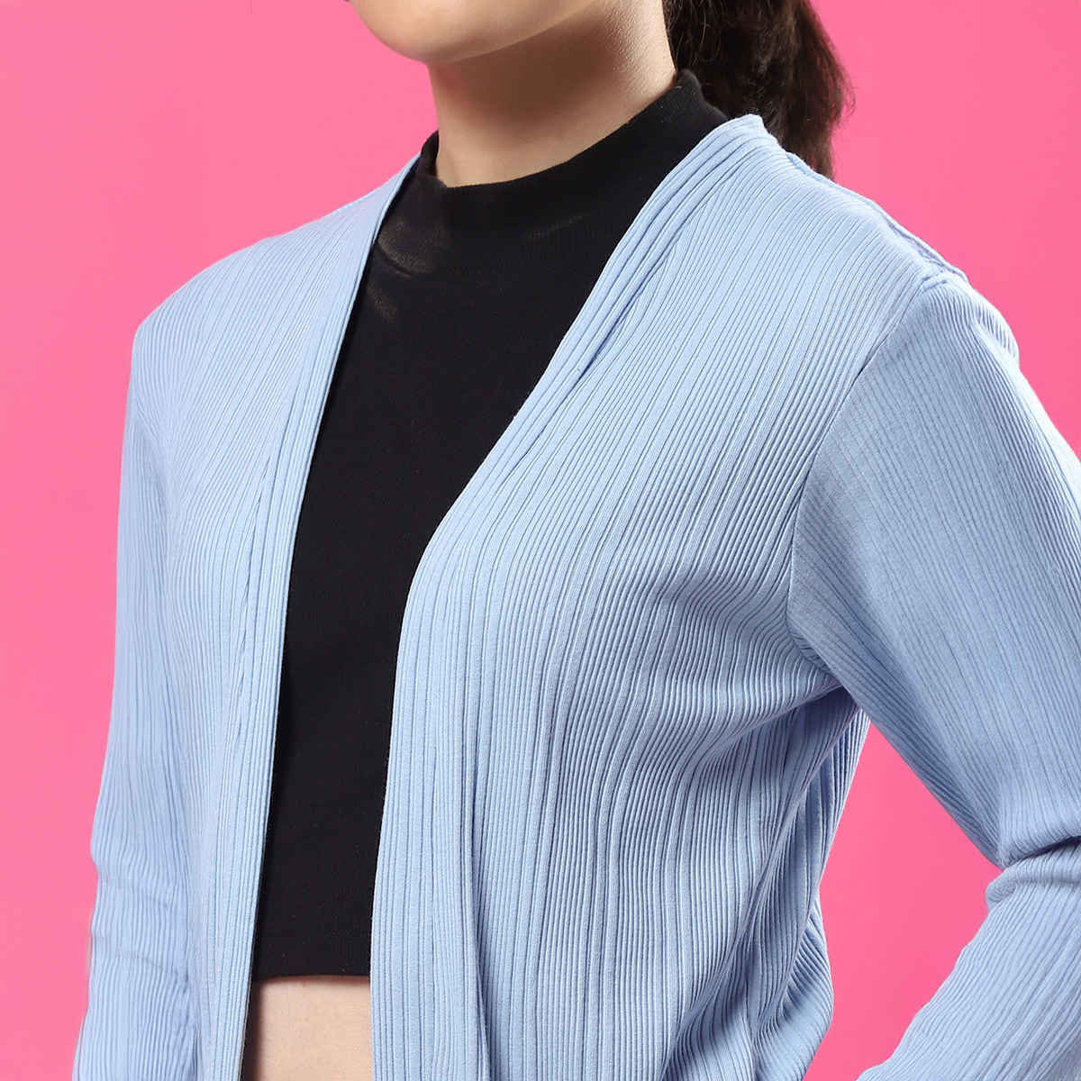 Rigo Women Front Open Long Rib Shrug | Light Blue - Free Size