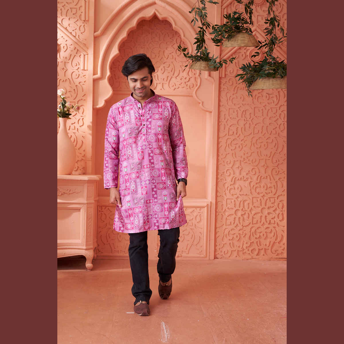 House Of Festivals Men's Printed Cotton Blend Long Kurta | Purple - XL