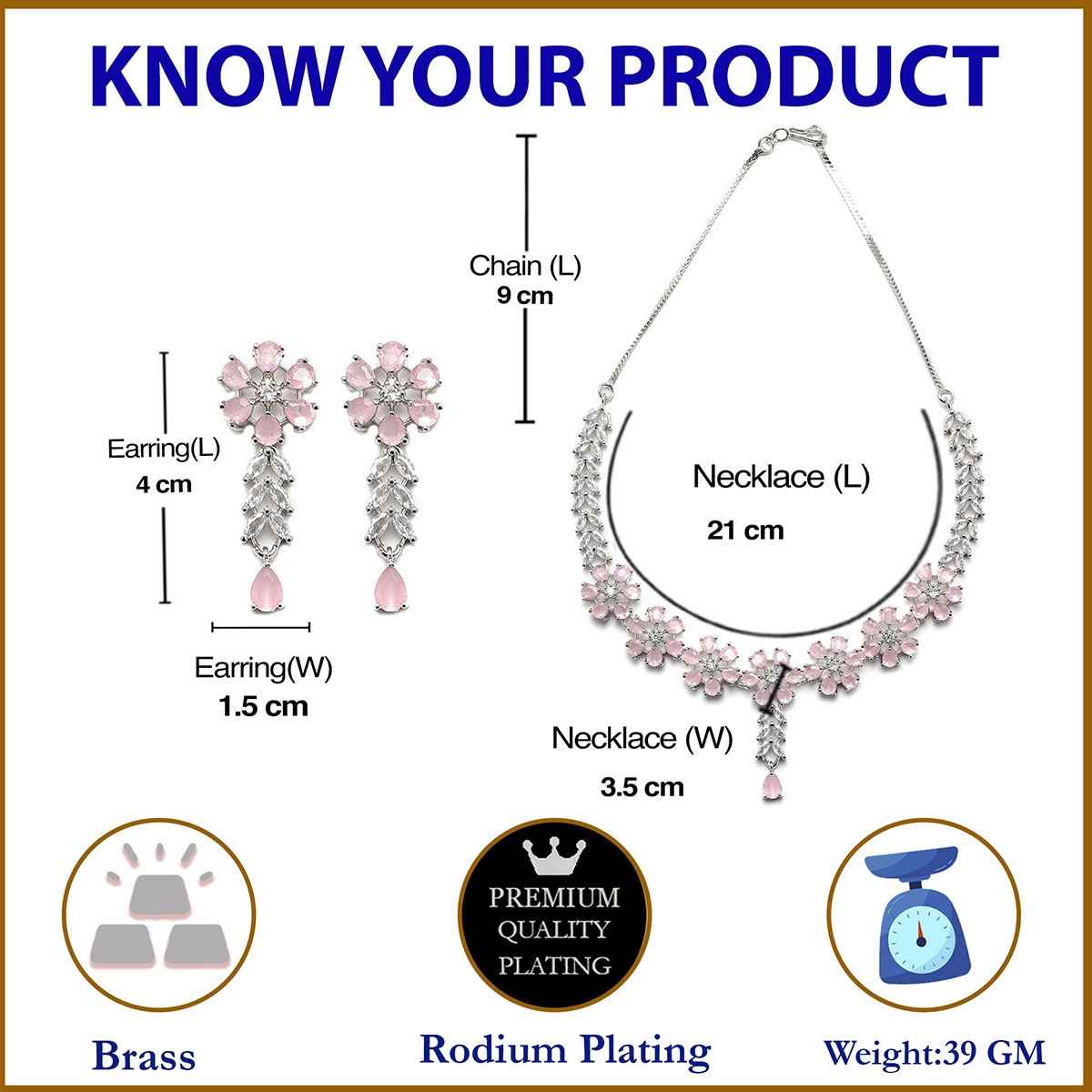 Zeneme Rhodium-Plated Pink American Diamond Necklace Earrings Jewellery Set for Women & Girls