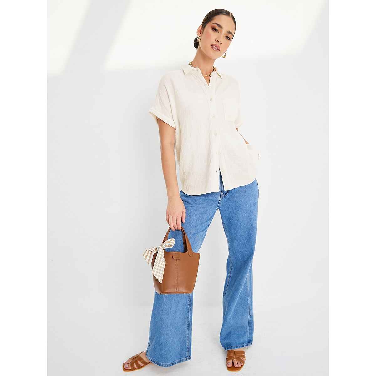 Styli Women's Regular Fit Shirt with Extended Shoulder | Off White - XXL