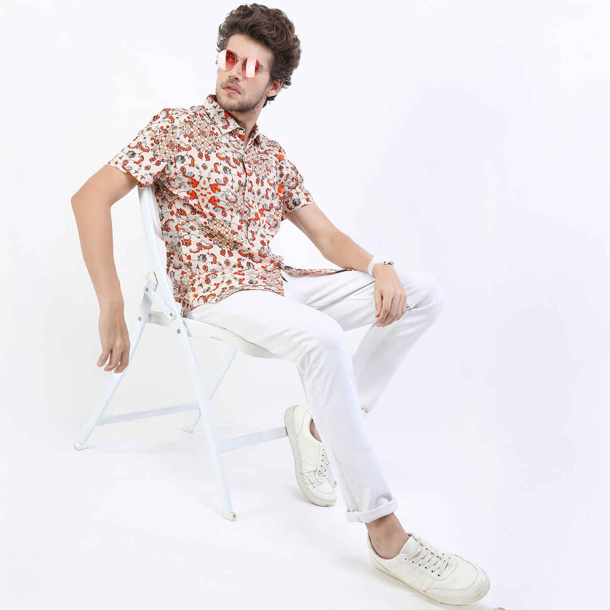 Highlander Men's Slim Fit Graphic Shirts | Beige & Rust - M