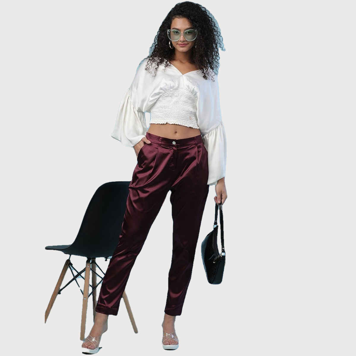 Freehand Women's Casual Tapered Pants - Wine Red | Solid | Regular Fit | 30