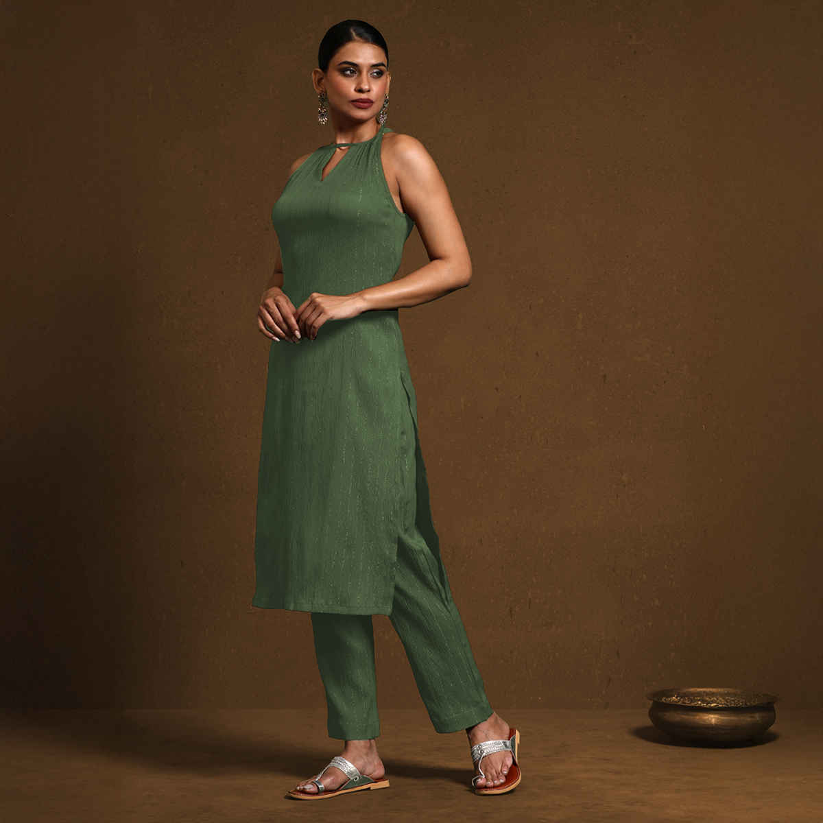 Varanga Women's Solid Halter Neck Kurta Set | Green - XL