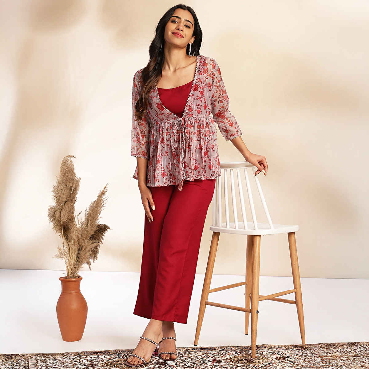 Janasya Women's Wine Crepe Solid Crop Top with Pant and Jacket - S