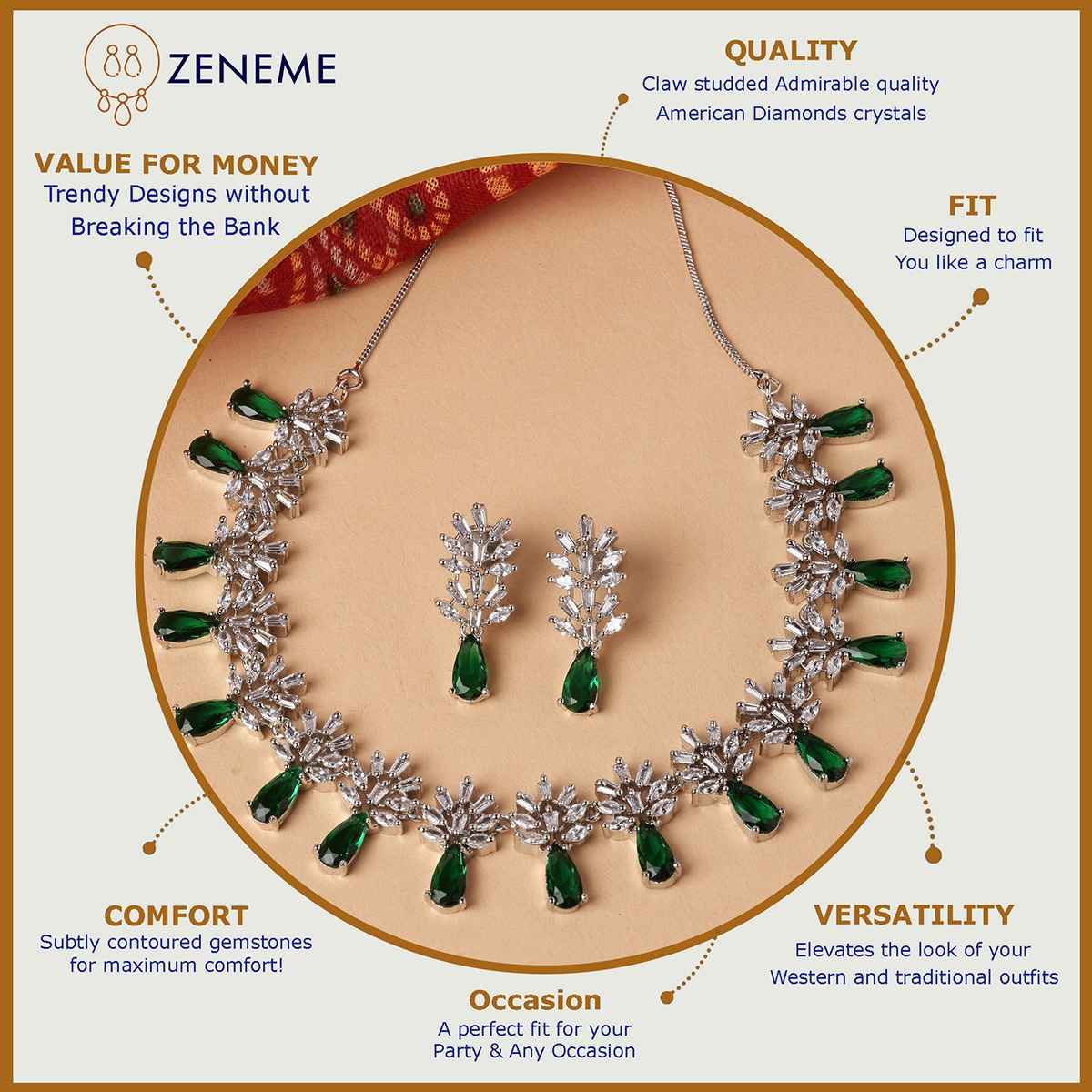 Zeneme Rhodium-Plated AD-Studded Jewellery Set For Women & Girls