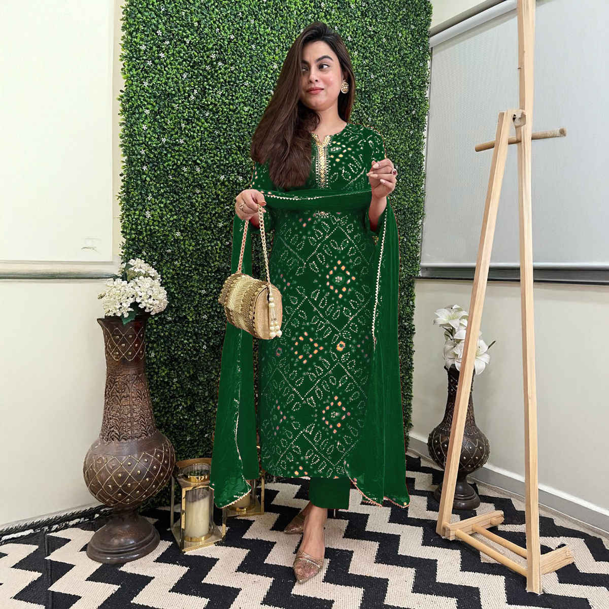 GoSriKi Women's Rayon Blend Straight Printed Kurta with Pant & Dupatta | TURAE | Green - L