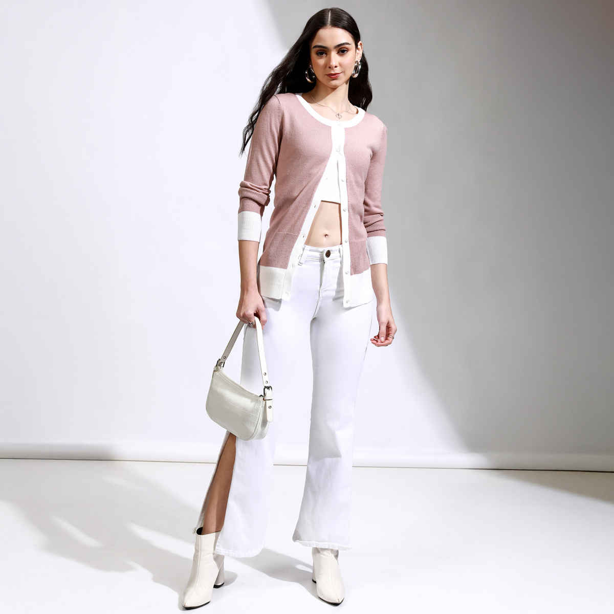 Tokyo Talkies Women's Ribbed Cardigan Casual Sweater | Pink - L