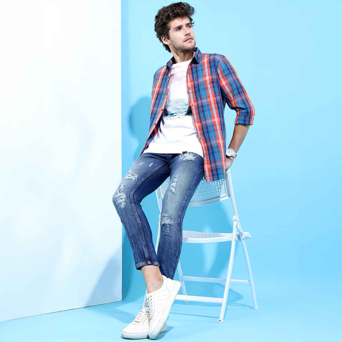 HIGHLANDER Men's Slim Fit Checked Casual Shirt | Blue and Orange - M