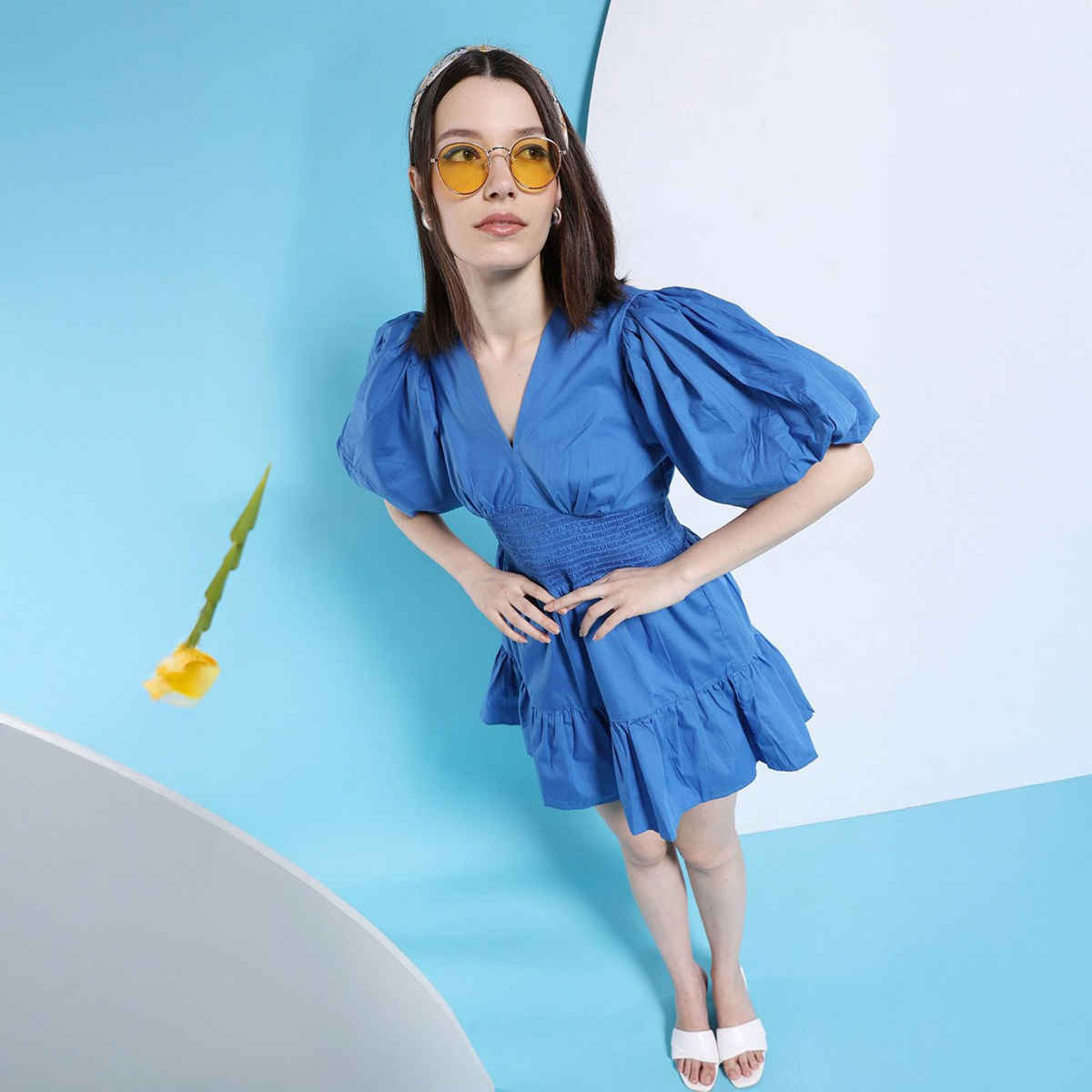 Freehand Women's Fit and Flared Solid Casual V-Neck Dress | Blue - S