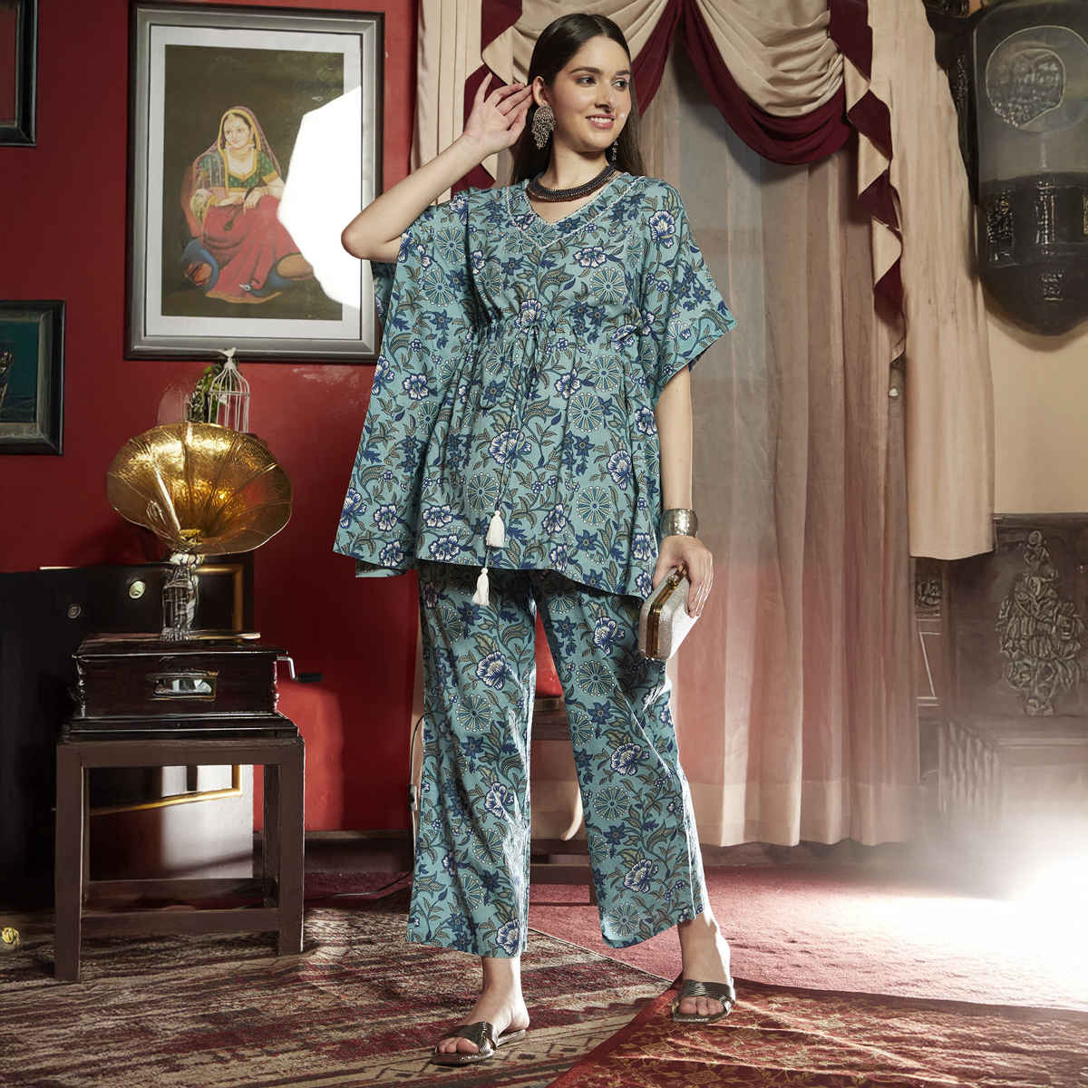 Bandia Women's Stripe Printed Kaftan Trouser Co-Ord Set | BANCS0117 | Blue and White | S