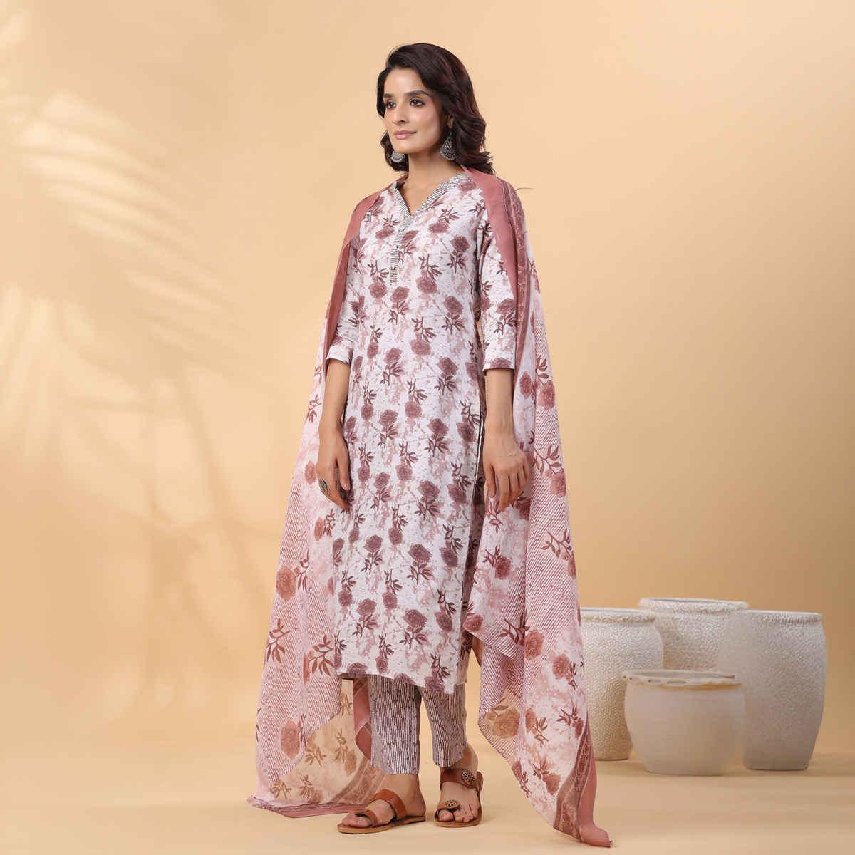 Janasya Women's Cotton Blend Floral Printed Straight Kurta Set | White - XL