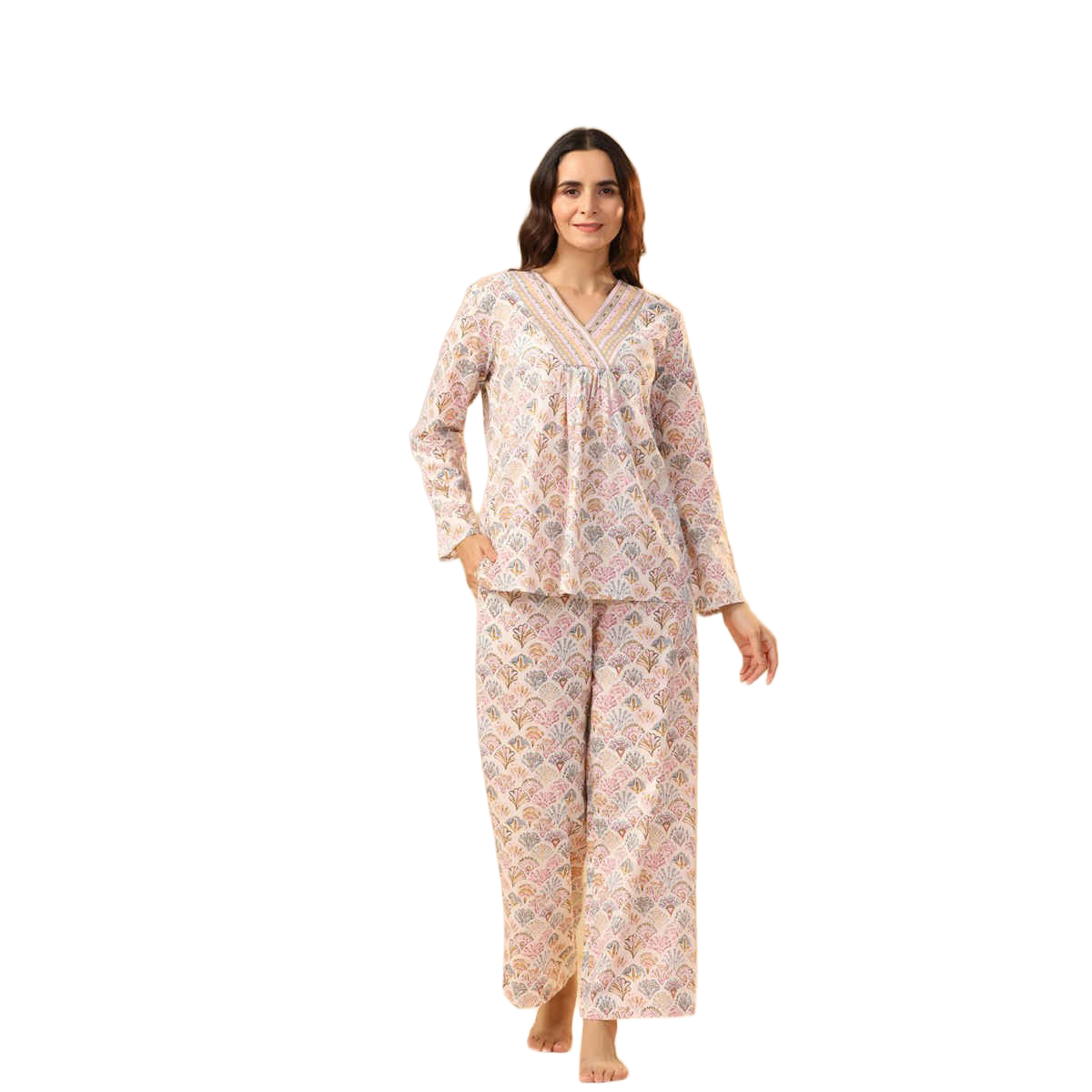 Sanskrutihomes Off White And Pink Ethnic Motifs Printed Pure Cotton Night Suit | S