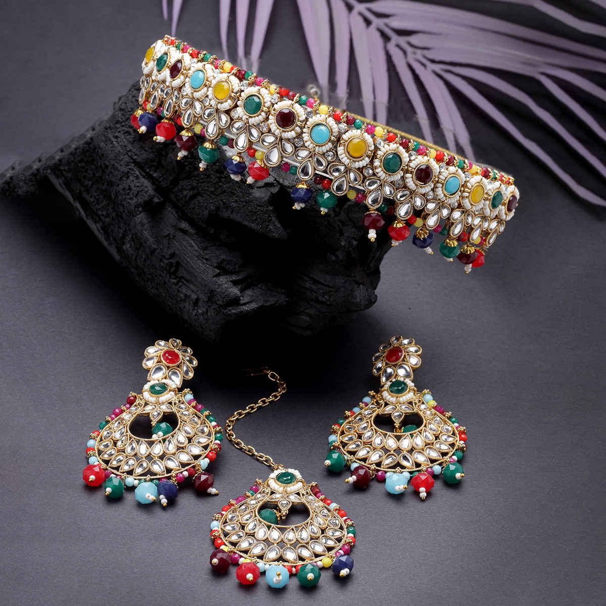 Sukkhi Fashionable Gold Plated Multi Kundan & Beads Studded Collar Necklace Set
