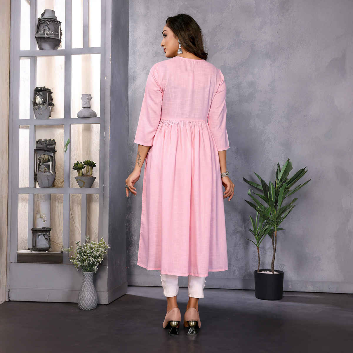 Rangita Women's Rayon Embroidered Flared Calf Length Kurta | Pink - XL