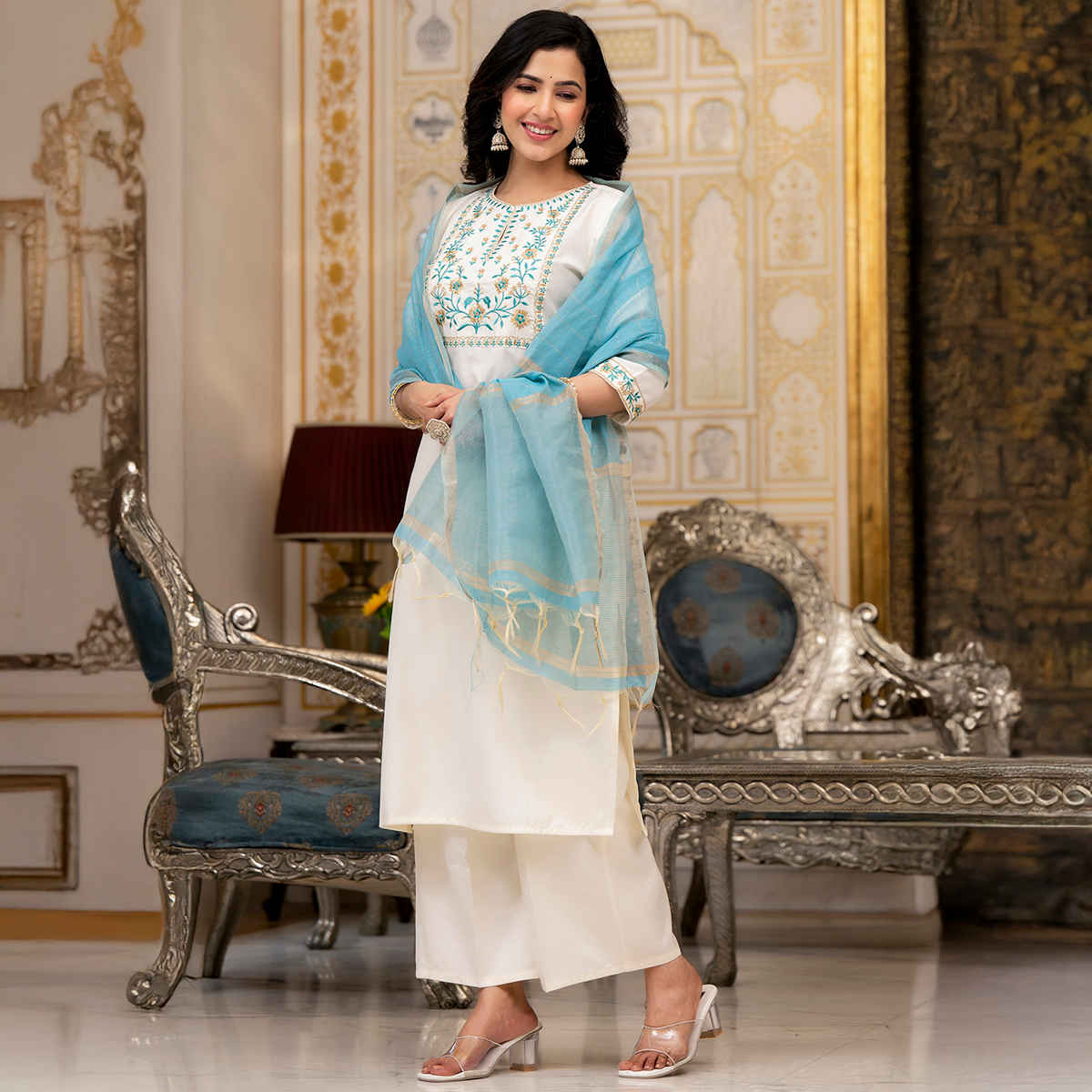Vishudh Women's Embroidered Panel Straight Kurta with Palazzo & Dupatta | PVK3000003 | Cream - XL