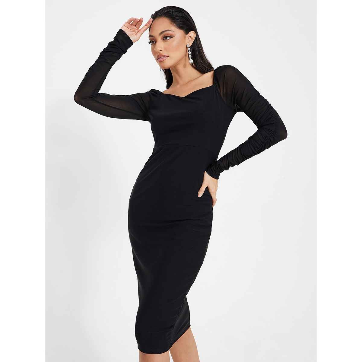 Styli Women's Bodycon Midi Dress with Sweetheart Neck and Solid Design | Black - XXL