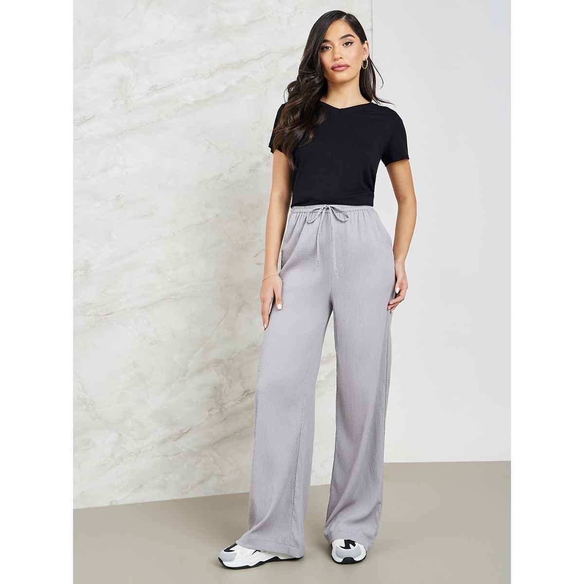 Styli Women Textured Wide Leg Pants with Side Pocket | Grey | S