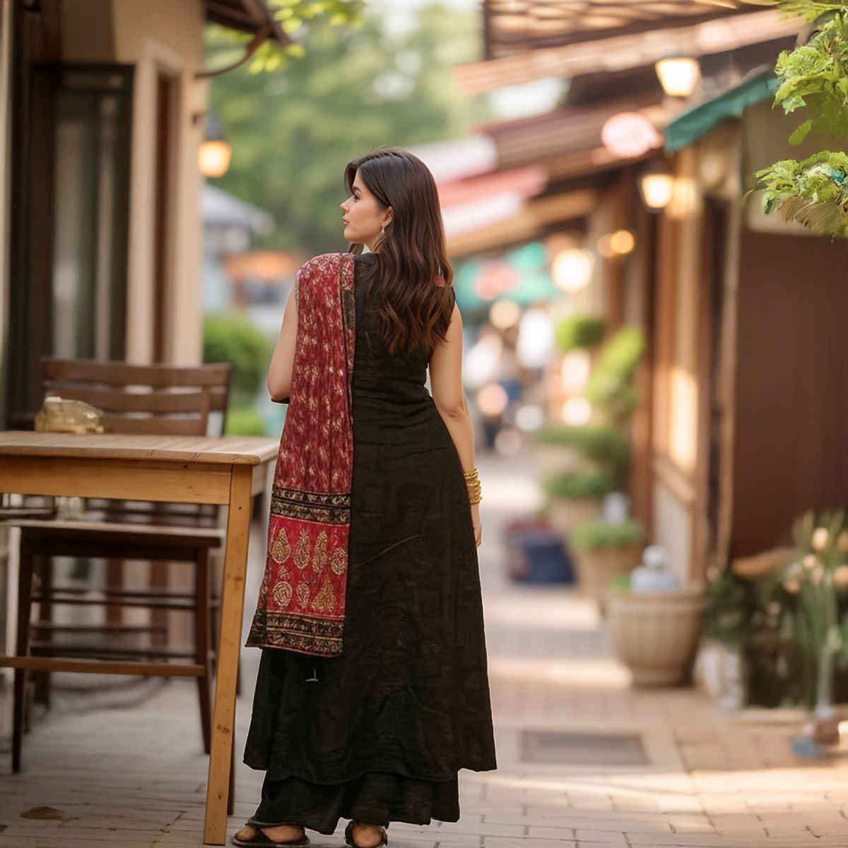 GoSriKi Women's Viscose Rayon Anarkali Solid Kurta with Pant & Dupatta | UMIKA | Black - M