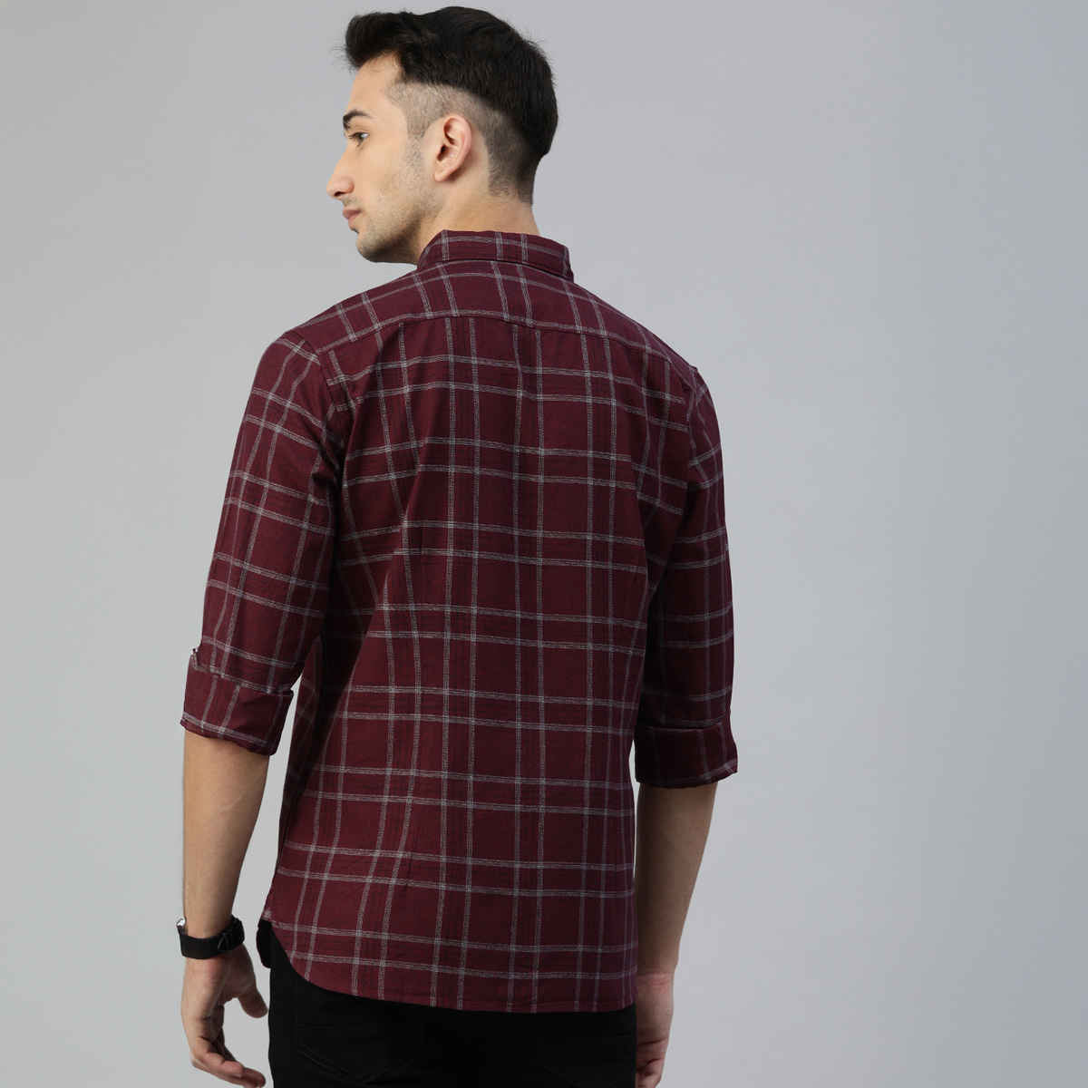 The Bear House Men Slim Fit Checked Button-Down Casual Shirt - Andreas | Maroon | XXL