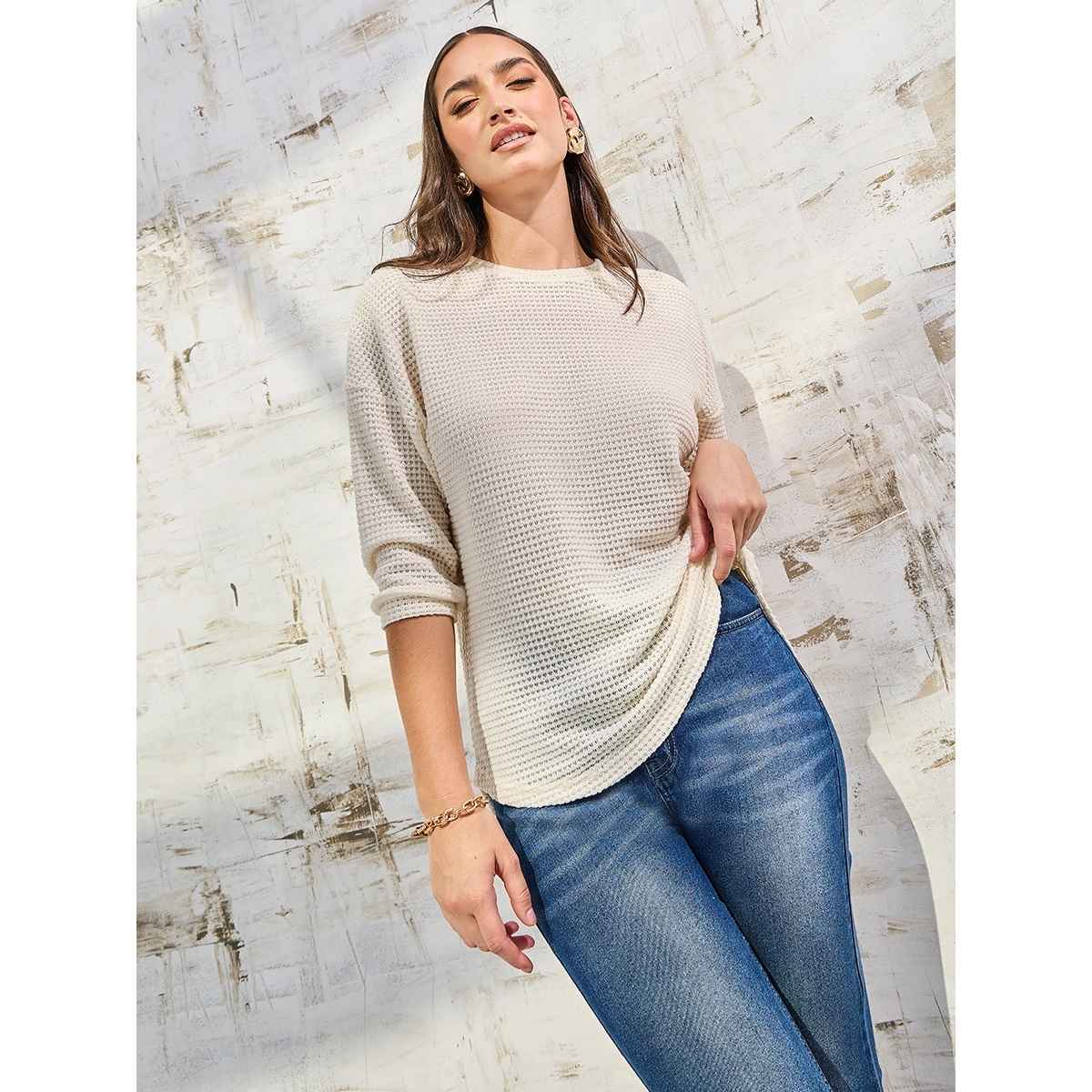 Styli Women's Oversized T-shirt with Solid Textured Fabric and Curved Hem | Beige - XL