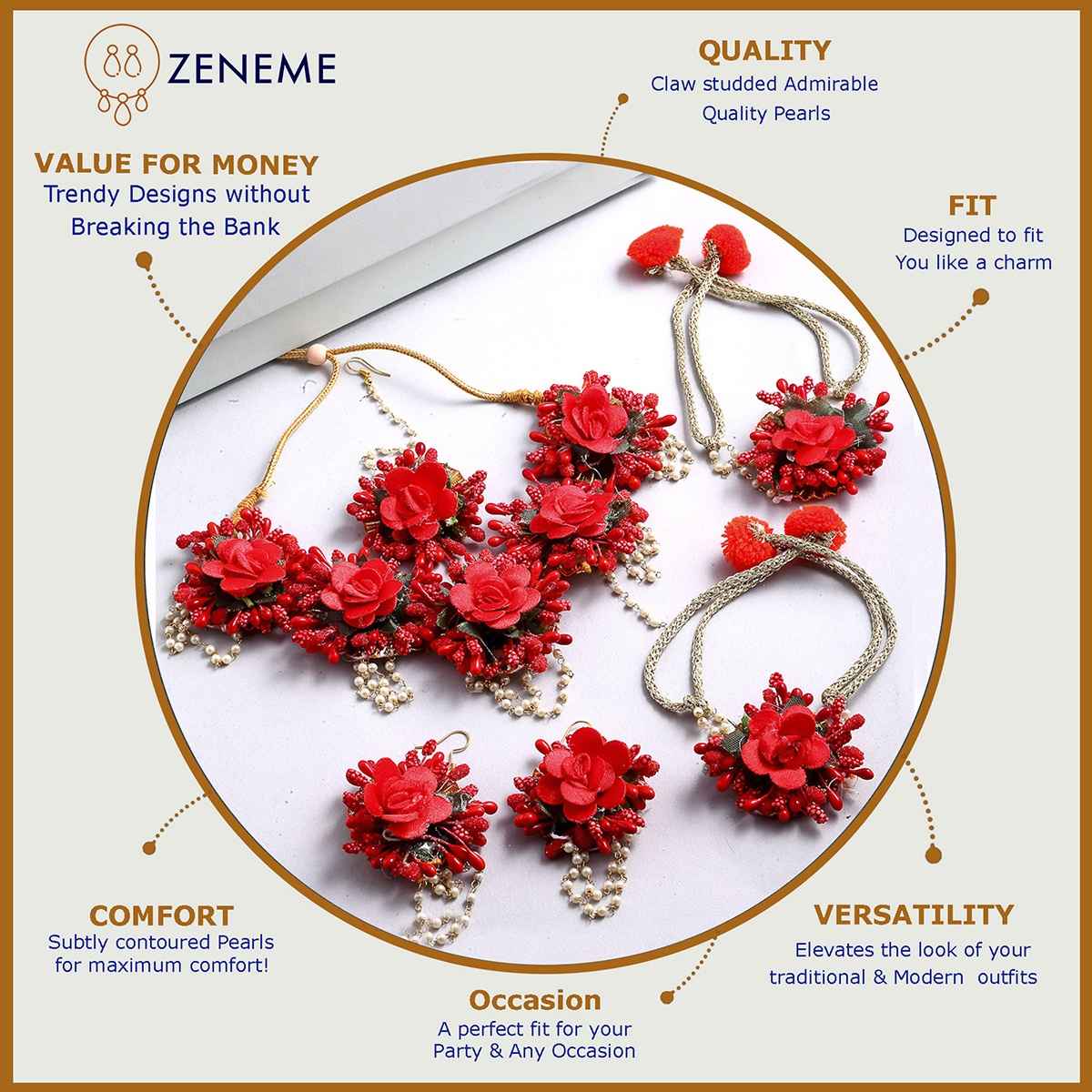 Zeneme Yellow & White Pearl Gota Patti Flower Jewellery Set For Women & Girls