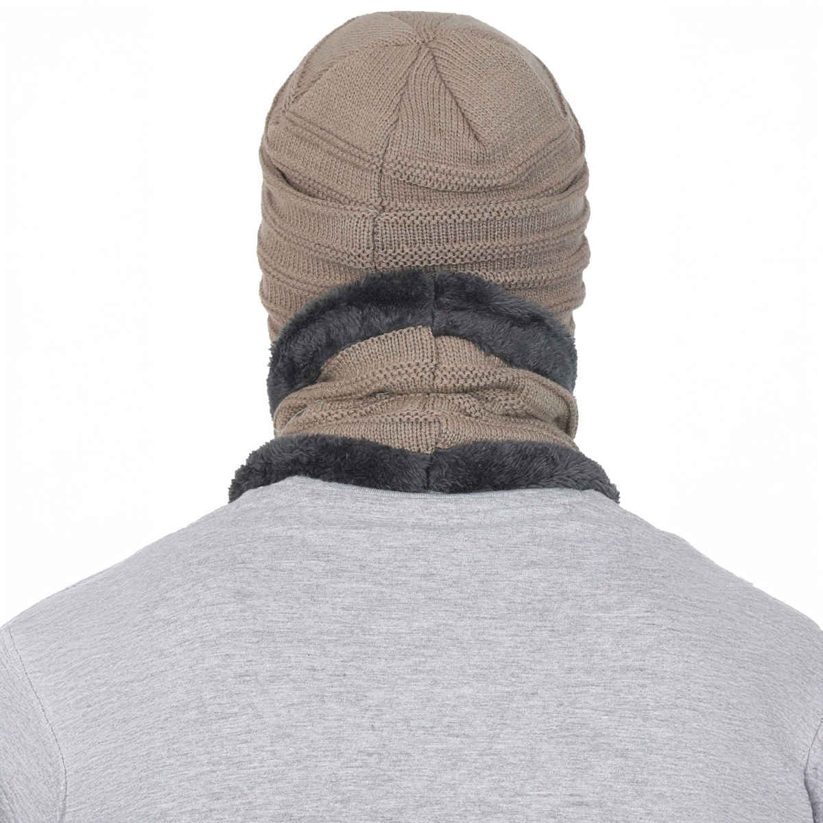 Fabseasons Acrylic Woolen Combo Of Beanie Skull Cap and Muffler With Faux Fur Lining | Light Brown