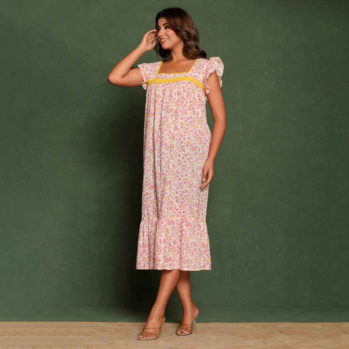 Nihsamah Women's Cotton Floral Printed Midi Frock Nighty | Midi Length | Off White - L