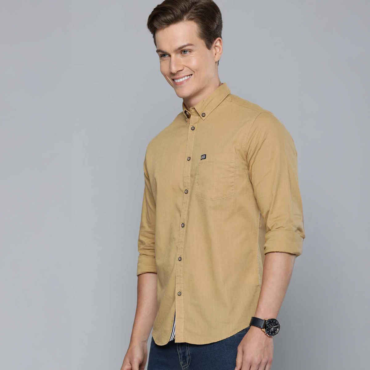 The Indian Garage Co Men's Slim Fit Solid Casual Shirt | Khaki - XL