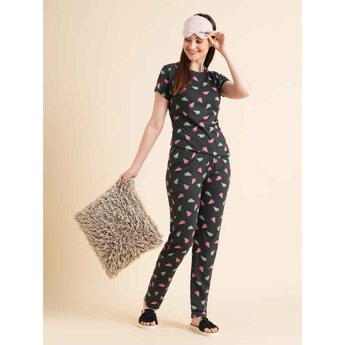 Sweet Dreams Women Printed Half Sleeves Top & Bottom Set Dark Green - L