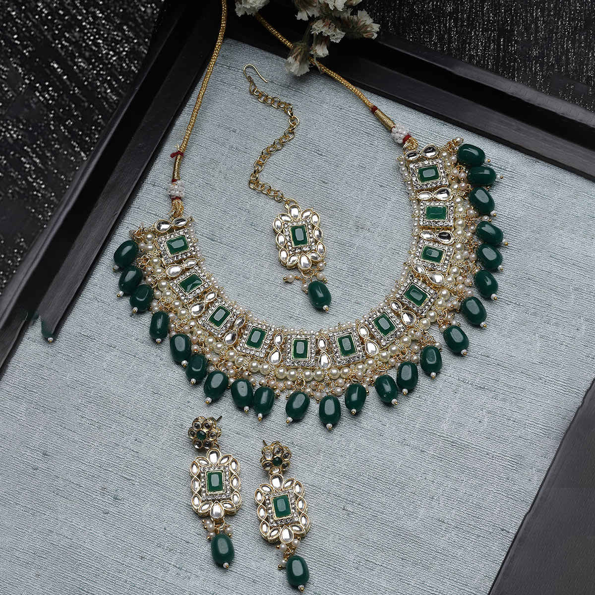 Sukkhi Glitzy Gold Plated Green Kundan & Beads Studded Choker Necklace Set
